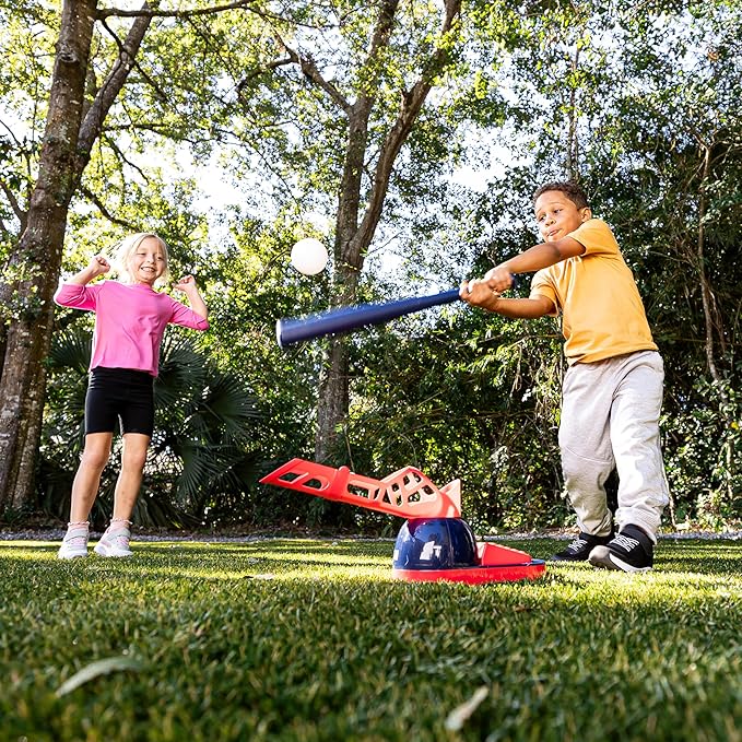 Franklin Sports Kids Baseball Pitching Machine - Pop A Pitch Batting Machine with Youth Bat + 3 Plastic Balls - Boys + Girls Toy