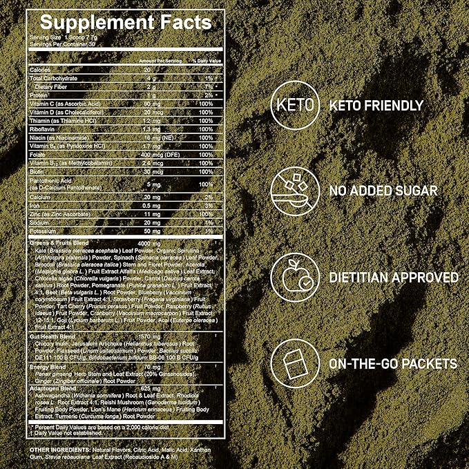Daily Greens Superfood Powder | 5 Functional Blends for Gut Health, Energy & Immunity | Prebiotics, Probiotics, Adaptogens, B Vitamins (30 Servings, Jar)