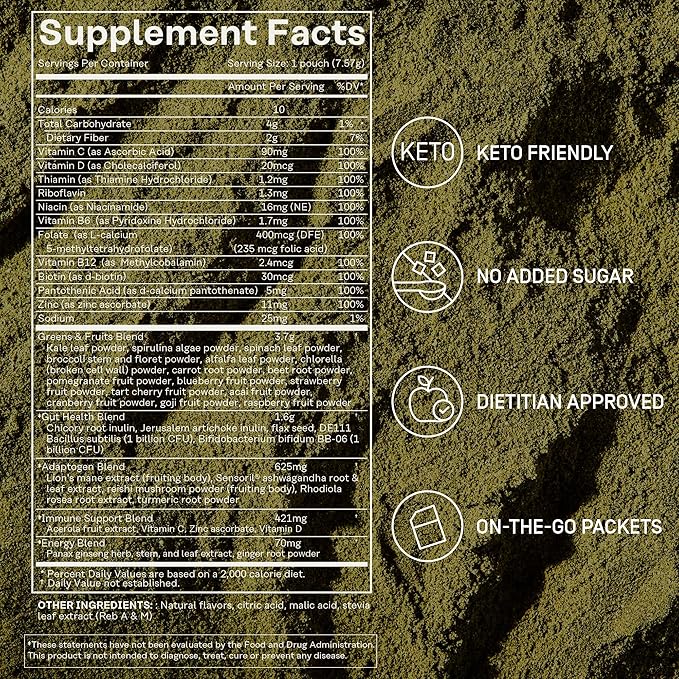 Daily Greens Superfood Powder | 5 Functional Blends for Gut Health | Energy & Immunity Support | Prebiotics, Probiotics, Adaptogens| 30 Packets | Citrus Flavor